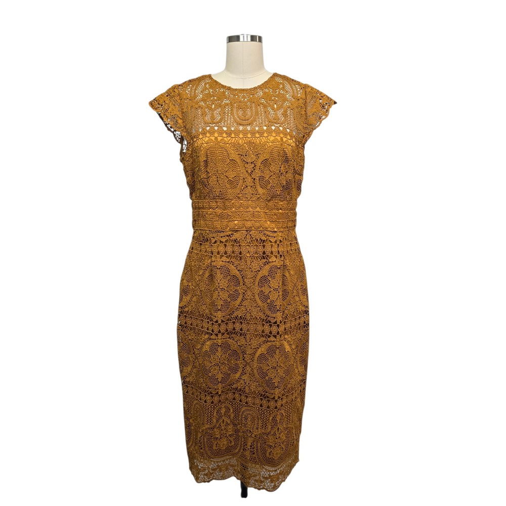 Antonio Melani Mustard Yellow Lace Sheath Dress Cap Sleeve Knee‎ Length Size 6